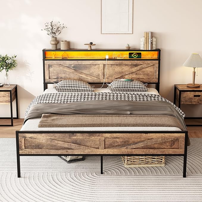 Vabches Queen Size Bed Frame with Headboard and Charging Station, Brown Platform Bed Frame with Led Light, No Box Spring Needed, Noise Free Farmhouse Bedroom Set