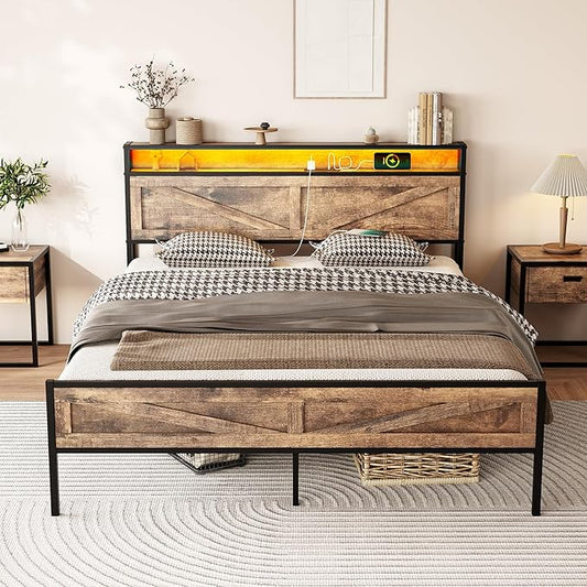 Vabches Queen Size Bed Frame with Headboard and Charging Station, Brown Platform Bed Frame with Led Light, No Box Spring Needed, Noise Free Farmhouse Bedroom Set