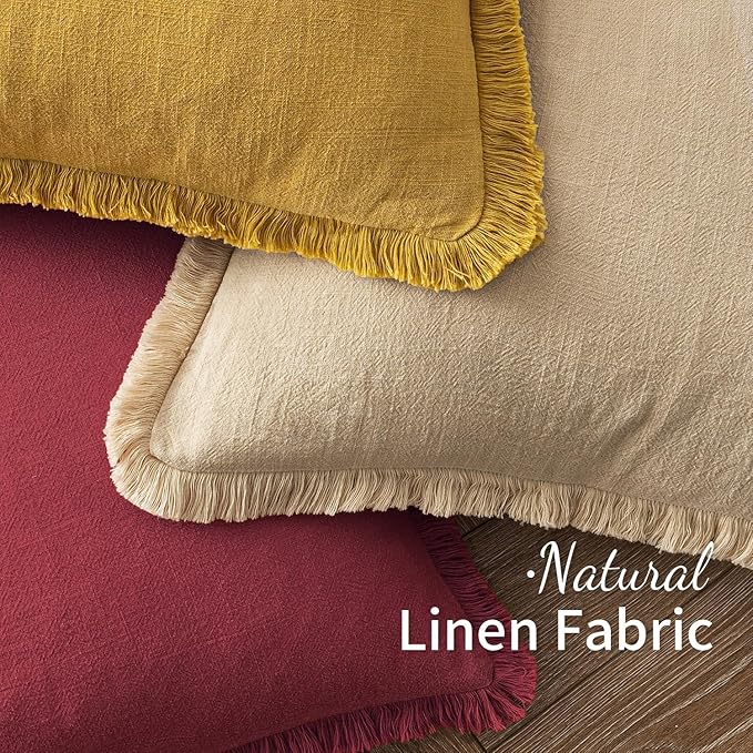 MIULEE Decorative Throw Pillow Covers Neutral Linen Fringe Throw Pillows Euro Shams Set of 2 Burgundy Boho Farmhouse Cushion Covers for Couch Sofa Bed Living Room Spring Home Decor 24x24 Inch