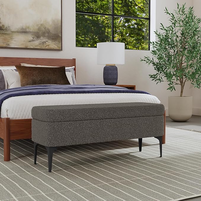 HomePop Upholstered Storage Bench with Metal Leg Home Décor|Bench with Storage for Living Room & Entryway - Dark Brown Boucle