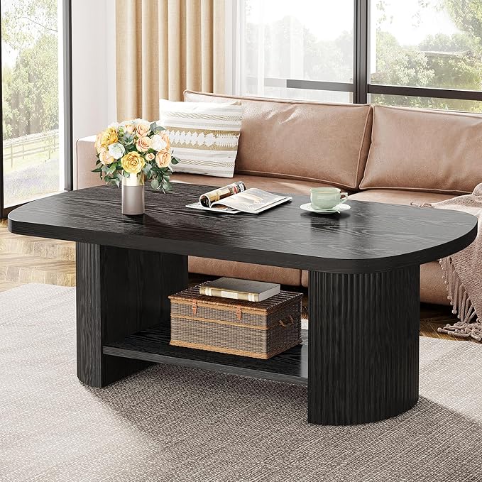 Tribesigns Oval Coffee Table, Mid-Century 2-Tier Coffee Table with Storage Shelf, Modern 45.27" Accent Center Table with Wooden Dual Base for Living Room Bedroom Apartment (Black)