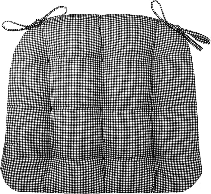 Barnett Home Decor Madrid Black Dining Chair Pad with Ties - 15 x 17 Size Small Chair Cushion - Latex Foam Fill - Machine Washable, 100% Cotton, Made in USA (Black White Gingham Check)