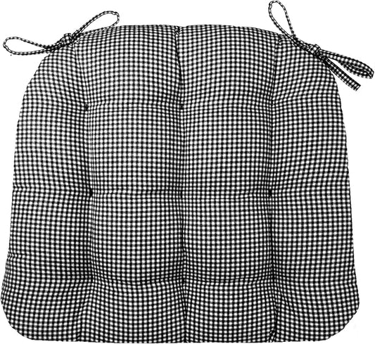 Barnett Home Decor Madrid Black Dining Chair Pad with Ties - 15 x 17 Size Small Chair Cushion - Latex Foam Fill - Machine Washable, 100% Cotton, Made in USA (Black White Gingham Check)