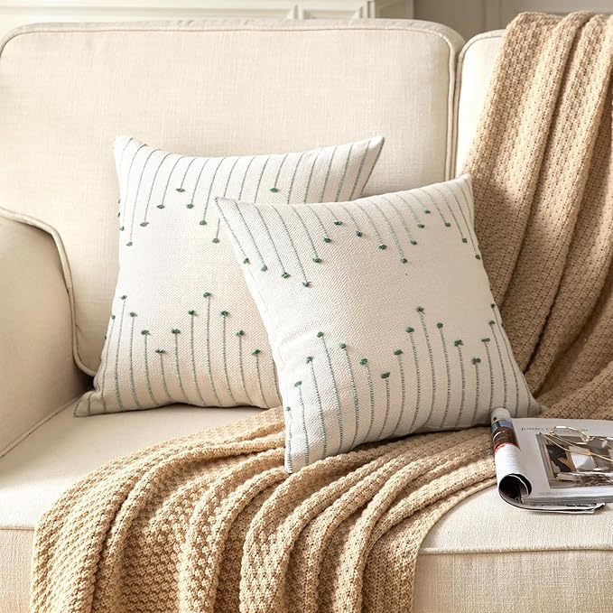 Caflife Boho Throw Pillow Covers 18x18 Set of 2 Decorative Pillows for Bed, Neutral Pillow Covers Beige with Green Line Throw Pillows for Modern Farmhouse Couch Sofa Living Room Outdoor