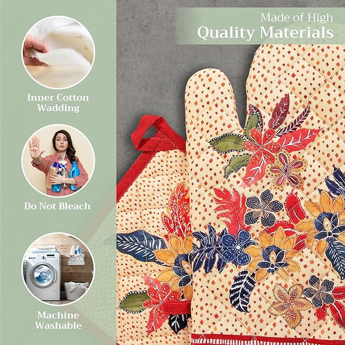 Maison d' Hermine 100% Cotton Oven Mitt & Pot Holder Set (7.5"x13" & 8"x8") Heat Resistant BBQ Cooking Gloves with Loop for Thanksgiving Christmas Decorations Handling Hot Pans (Kalahari)