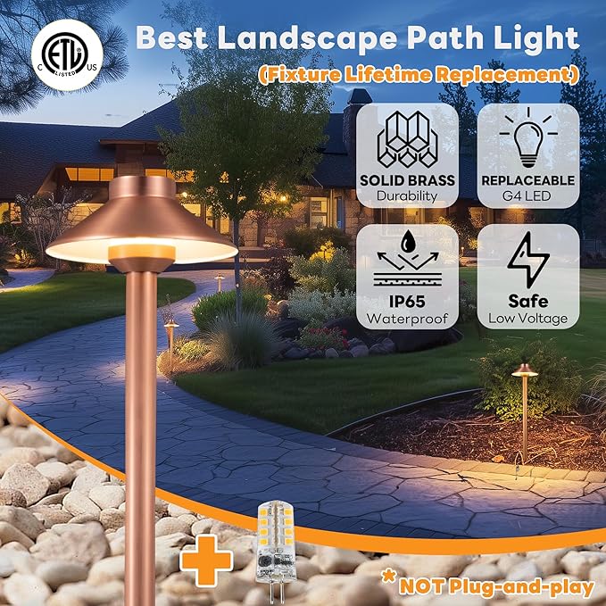 Outdoor Brass Pathway Lights, Low Voltage Landscape Path Light Wired, 12v Walkway Lamp LED Waterproof, Hat-top Copper for Outside Garden Yard Driveway with 3W 270LM 3000K G4 Bulb (4 Pack)