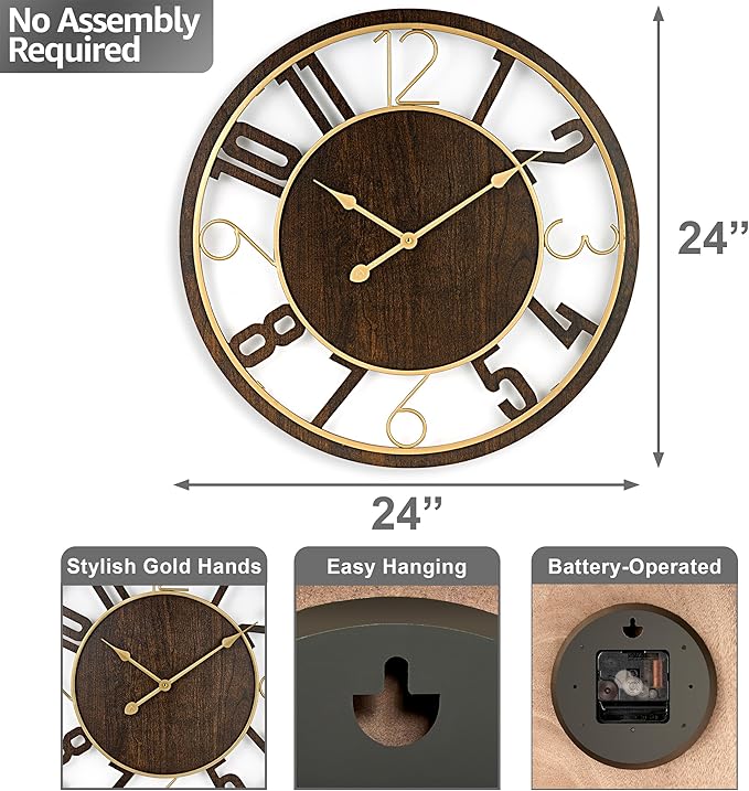 Sorbus 24-Inch Large Wall Clock – Wooden Decorative Clock for Living Room, Kitchen, Bedroom, Office – Easy to Hang Analog Wall Art (Brown)