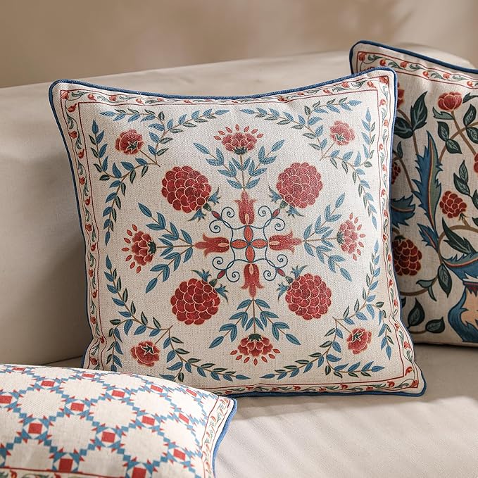 patdrea Designer Throw Pillow Covers Set of 2,Square Brilliant Vintage Red Tropical Linen with Floral Pattern Pillow Cover,Decorative Pillowcases Cushion for Bed Living Room Outdoor Car,18"x18"