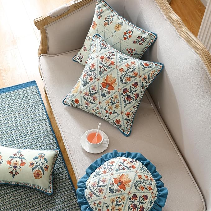 Design Square Linen Throw Pillow Covers 18"x18" Pack of 2, Blue Floral Country Cushion Covers with Colorful Wildflower Pattern Decor Pillowcases for Bed,Living Room,Outdoor,Car