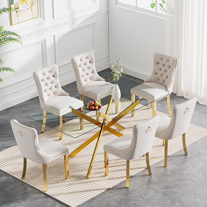 Goujxcy 7 Piece Glass Dining Table Set Modern Glass Dining Table Set for 6, 61" Rectangular Gold Kitchen Table and 6 Velvet Upholstered Chairs, Gold Table & Beige Chair