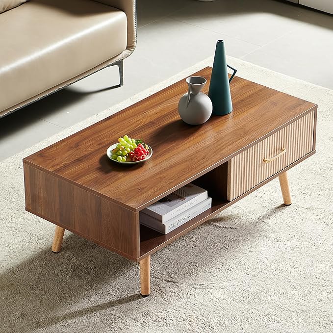 Mid Century Wooden Coffee Table with Stripe Drawer，Modern 41" Large Center Table with Storage，Rectangular Walnut Wood Coffee Tables for Living Room, 2-Tier Cocktail Table, Solid Wood Legs