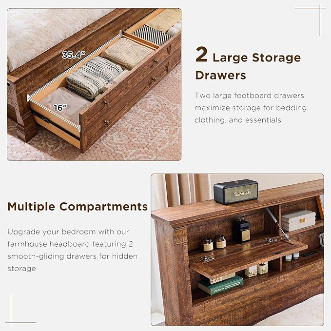 Farmhouse King Size Bed Frame with 54" Tall Headboard, Headboard with 4 Storage Rack, 2 Drawers, Wood Platform Bed Frame,18" Roman Column Decoration Footboard, No Box Spring Needed(Reclaimed Barnwood)