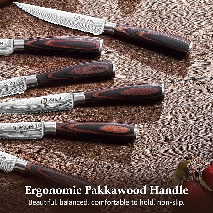 PAUDIN Steak Knives 4.5 Inch, Steak knives Set of 8, High Carbon Stainless Steel Steak Knife Set, Sharp Serrated Steak Knife with Pakkawood Handle, Kitchen Steak Knives with Gift Box