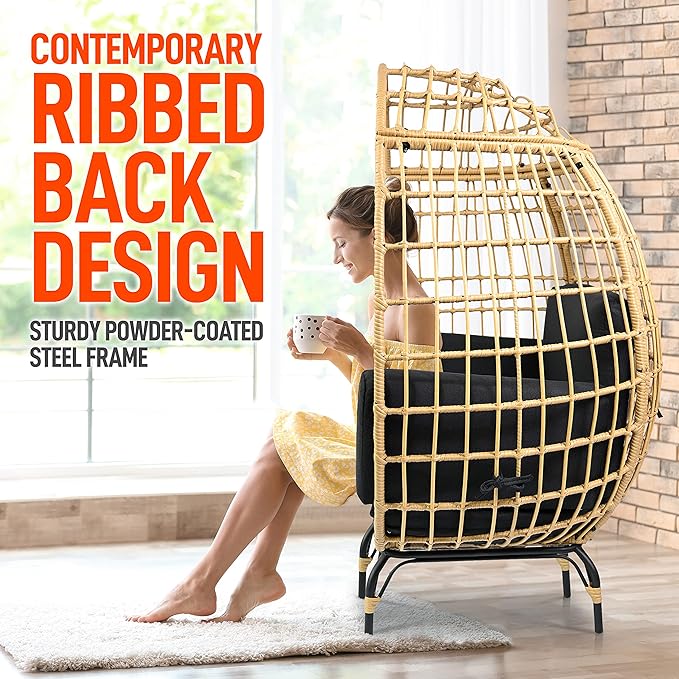 SereneLife Indoor/Outdoor Wicker Rattan Egg Chair with Cushions, Patio Hanging Egg Chair with Steel Frame, Washable Pillows, for Porch, Deck, Garden or Bedroom, 440 lbs. Capacity