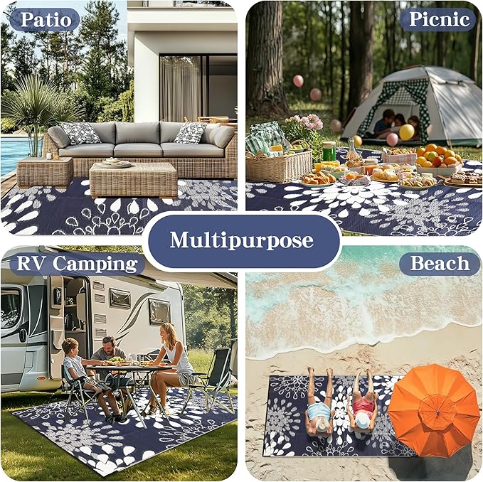 Wallona Outdoor Rugs 8x10 ft Patio Waterproof Clearance Indoor Outdoor Large Carpet for Patio Plastic Straw Reversible Area Rugs Mat for RV, Camping, Balcony, Beach, Picnic, Porch, Flower Blue & White