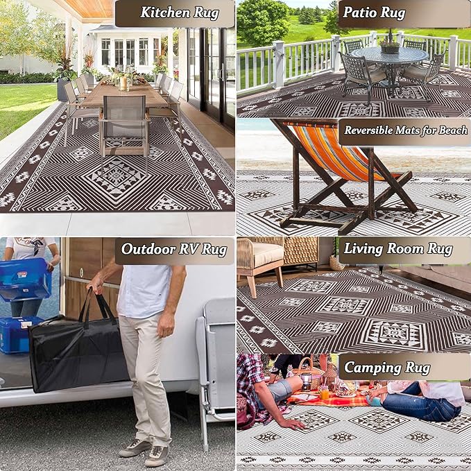 HiiARug Outdoor Rug for Patios Clearance 9'x12' Outdoor Plastic Straw Rug Waterproof Patio Camping Rug Reversible RV Mat Outdoor Area Rugs for Outdoors, RV, Patio, Backyard, Deck, Camping