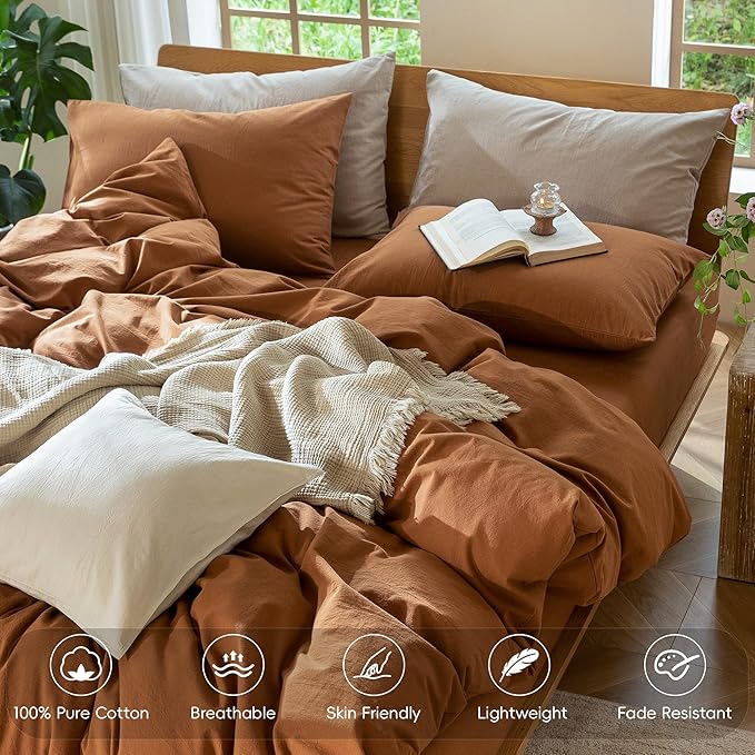 MooMee Bedding Duvet Cover Set 100% Washed Cotton Linen Like Textured Breathable Durable Soft Comfy (Solid Dark Orange, Full 80"x90")