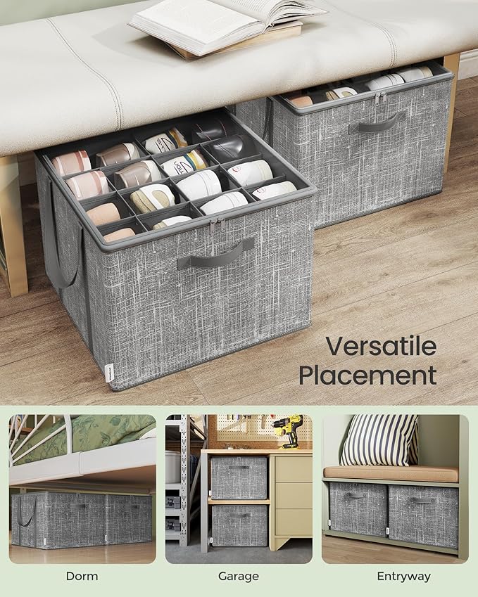 SONGMICS Set of 2 Shoe Organizers for Closet, Fits 16 Pairs Each, Shoe Storage Bins, Fabric Containers with Handles and Clear Cover, for Bedroom, Entryway, Closet, Cattail Gray ULSP602G01