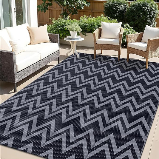 OLANLY Waterproof Outdoor Rug 5x8 ft Clearance, Reversible Outdoor Plastic Straw Rug, RV Mat, Indoor Outdoor Carpet for Patio, Camping, Balcony, Deck, Backyard, Black & Grey