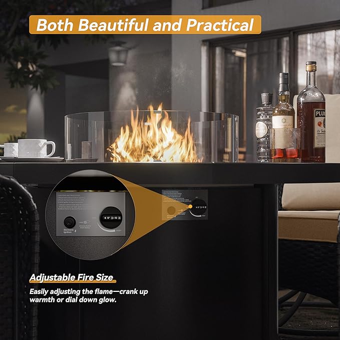 Kurapika 5 Pieces Patio Furniture Set, Rattan Wicker Outdoor Conversation Sets, 4 Woven Rattan Swivel Chairs w/48in Propane Fire Pit Table and Thickened Cushions, Sand