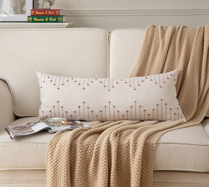 Caflife Boho Lumbar Pillow Cover 14x36 Long Pack of 1 Decorative Pillows Bed, Beige with Brown Body Throw Pillow Covers, for Modern Farmhouse Sofa Bedroom Living Room Home Decor Couch Pillowcase