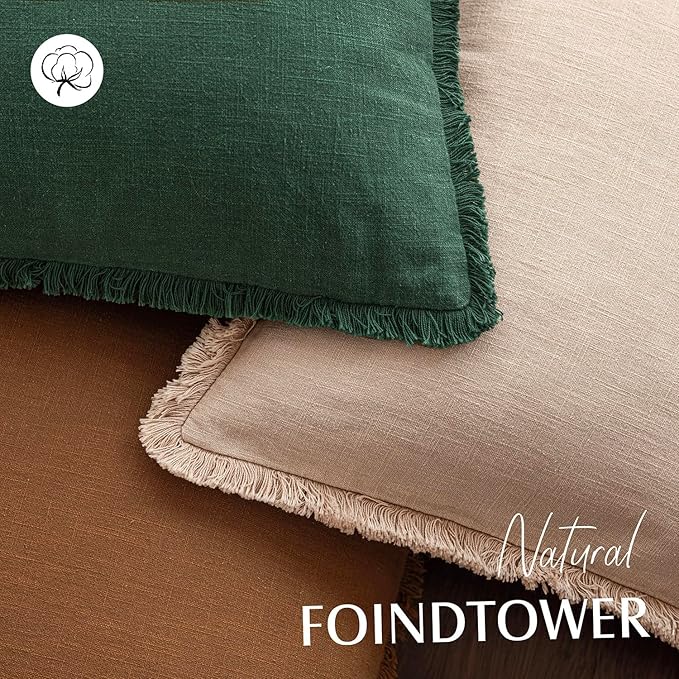 Foindtower Set of 2 Decorative Linen Fringe Throw Pillow Covers Cozy Boho Farmhouse Cushion Cover with Tassels Soft Accent Pillowcase for Couch Sofa Bed Living Room Home Decor, 16×16 Inch, Pine Green