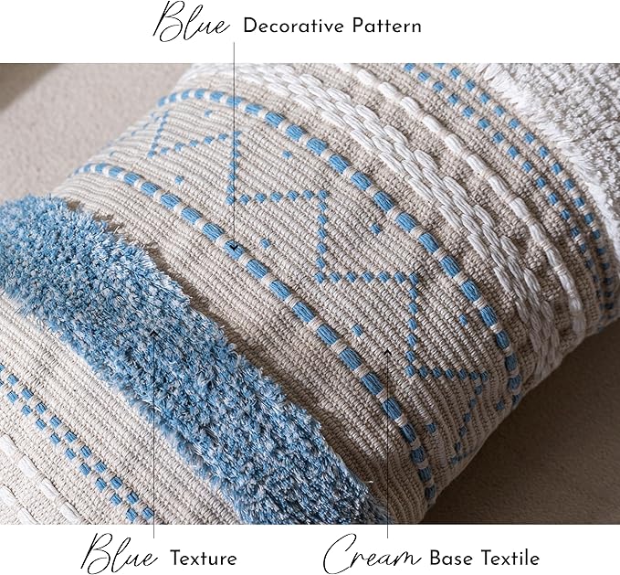Blue Decorative Lumbar Throw Pillow Cover 14x36 Boho Long Cushion for Bed Neutral White Accent Farmhouse Pillowcase for Bedroom Living Room Couch Sofa Home Décor (Cover ONLY, Pack of 1)