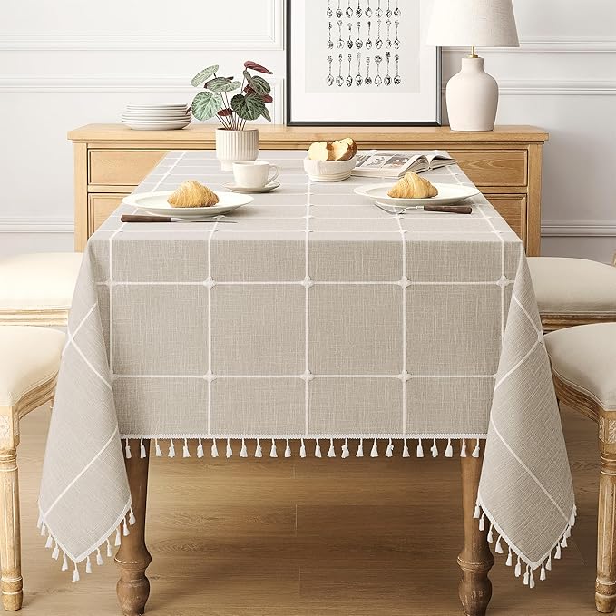 puredown® Plaid Square Tablecloth, Waterproof Cotton Linen Tablecloth with Tassel, Rustic Farmhouse Table Cloths for Kitchen Dining Outdoor, 55"x55",4 Seats, Coffee