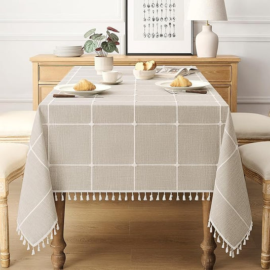 puredown® Plaid Rectangle Tablecloth, Waterproof Cotton Linen Tablecloth with Tassel, Rustic Farmhouse Table Cloths for Kitchen Dining Outdoor, 55"x86",6-8 Seats, Coffee