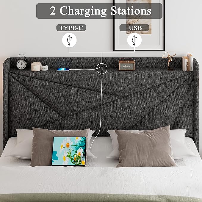 Feonase Full Bed Frame with Charging Station, Linen Upholstered Platform Bedframe with Wingback Headboard, Solid Wood Slats Support, No Box Spring Needed, Noise Free, Dark Grey
