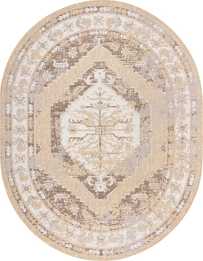 Unique Loom Outdoor Traditional Collection Area Rug - Valeria (7' 10" x 10' Oval, Natural/ Ivory)