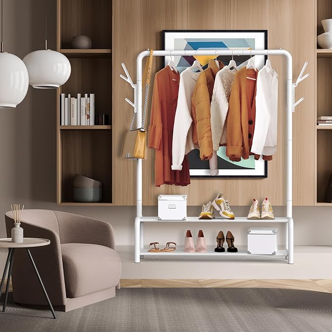 Simple Houseware 52-Inch Freestanding Closet Garment Rack with Storage Shelves and Coat/Hat Hooks, White