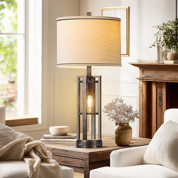 28'' Farmhouse Industrial Table Lamp Set of 2 - Rustic Bedside Nightstand Lamps with Dual USB A+C Ports, Bronze Metal Mesh Nightlight Desk Lamps for Bedroom Living Room, 4 LED Bulbs Included
