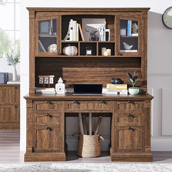 OKD 60" Executive Desk with Hutch and Drawers, Farmhouse Home Office Desk with Charging Station, Keyboard Tray, File Cabinet Storage, Wood Computer Desk for Work and Study, Reclaimed Barnwood