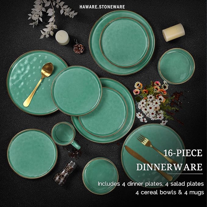 HaWare Dinnerware Sets, 16-Piece Stoneware Plates and Bowls Set, Elegant Ceramic Dish Set for 4, Chip and Scratch Resistant, Microwave and Dishwasher Safe, Reactive Green