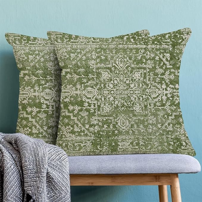 Boho Sage Green Throw Pillow Covers 18x18 Inch Set of 2, Carpet Pattern Decorative Throw Pillow Covers Bohemia Sage Green Linen Outdoor Cushion Cover for Sofa Couch Farmhouse Room Bed Decor