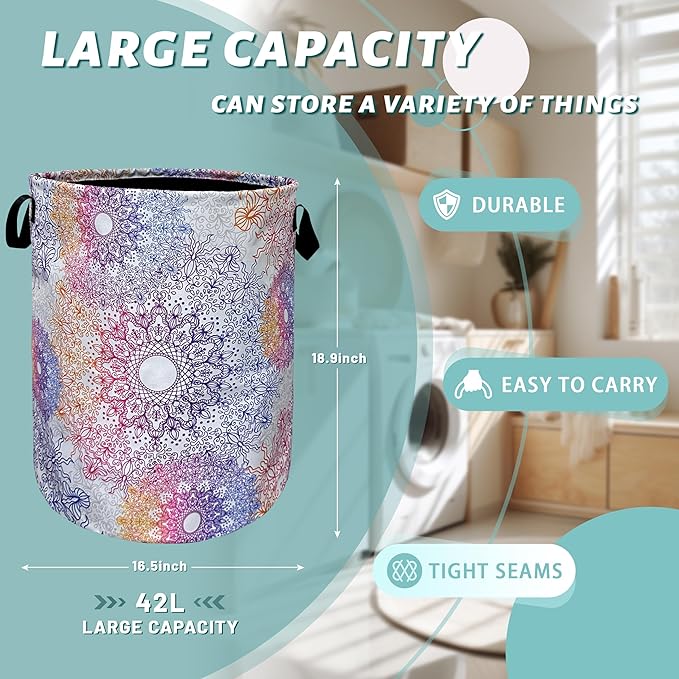 Colorful Mandala Flowers Laundry Basket Foldable With Handles Tote Bag Oxford Cloth Gradiently Laundry Hamper 18.9" x 16.5 "Clothe Storage Bucket Toy Organizer For Bathroom/Laundry/Bedroom