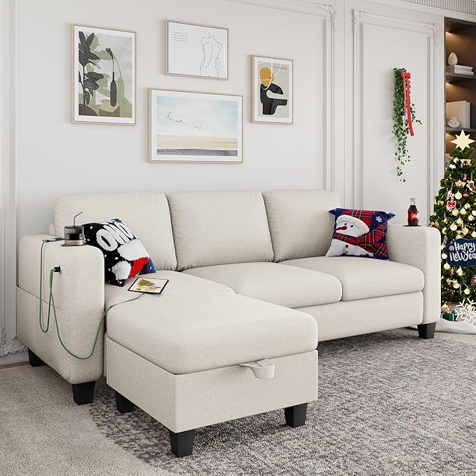 Sectional Sofa Couches for Living Room - 78'' Beige 3 Seat L-Shaped Couch with USB+Type C Port and 2 Cup Holder, Modern Linen Convertible Sectionals Sofas with Storage Ottoman for Apartment