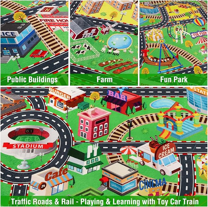 Kids Rug Play Mat for Toy Cars, City Life 3D Road Traffic 39.4"×59" for Playroom Kid Car Road Rug City Map Play Mat Non-Slip Washable Classroom Carpet for Toddlers BoyTummy Time Playtime