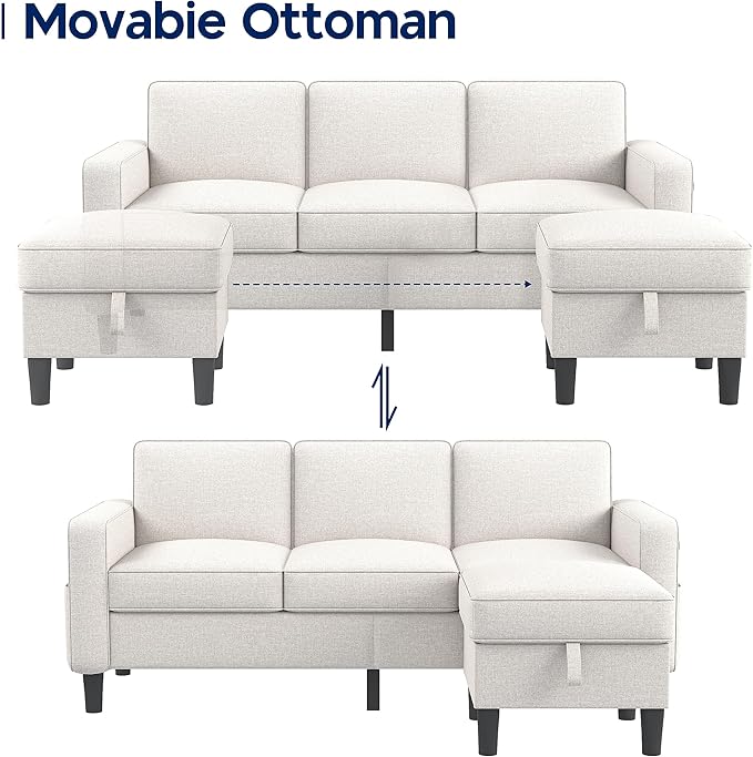 Sectional Sofa Couches for Living Room - Beige 3 Seat L-Shaped Couch with Type-C Charging Port & Storage Ottoman, Comfy Linen Convertible Sectionals Sofas with Chaise for Apartment