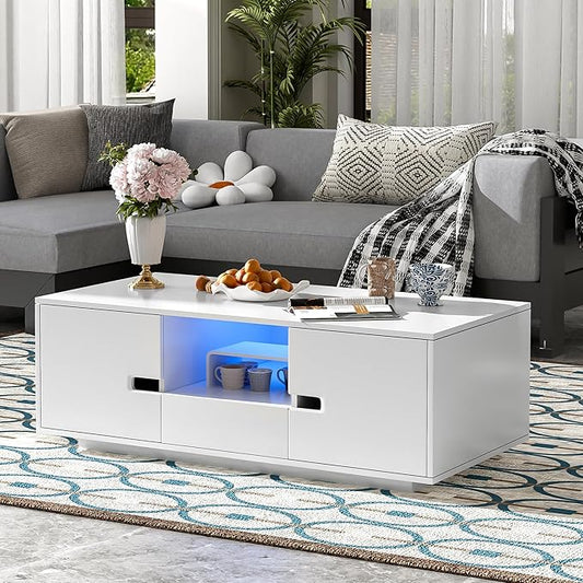 Modern High Gloss LED Coffee Table 47.2-Inch Wooden Center Cocktail Table with Storage & 16 Colors LED Light for Living Room, White