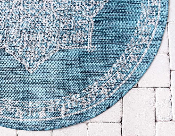 Unique Loom Outdoor Traditional Collection Area Rug - Antique (4' 1" Round, Teal/ Gray)