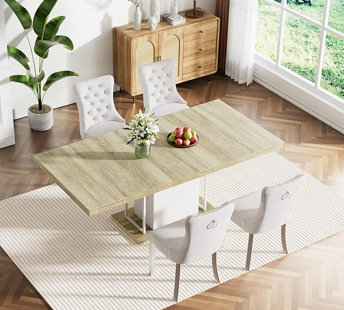 Goujxcy 78.7" Farmhouse Extendable Dining Room Table Set for 4, 5-Piece Rectangle Kitchen Dining Room Table Set with Wood Base and 4 Beige Velvet Dining Chairs, Extending Kitchen & Dining Table Set