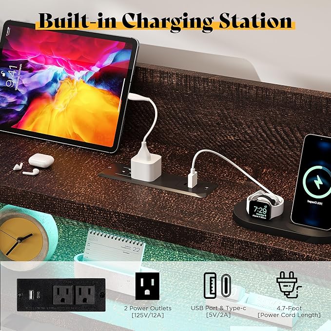 Twin Farmhouse Bed Frame with Bookcase Headboard and 4 Drawers, LED Storage Bed with Charging Station & Linen Upholstered, No Box Spring Needed, Reclaimed Barnwood