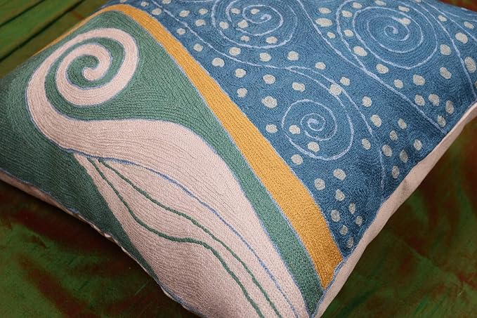 Klimt Blue Teal Modern Pillow Cover Blue - Soul | Mid Century Chair Cushions | Abstract Throw Pillows | Contemporary Pillowcase | Modern Couch Pillows | Hand Embroidered Cushion | Wool Size 18x18