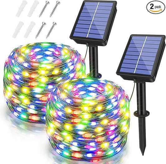 2 Pack Solar String Lights Total 480LED 158FT, IP67 Waterproof Solar Lights for Outside with 8 Modes, Upgraded Solar Panel Fairy Lights for Garden Party Wedding Decorations (Cool White)