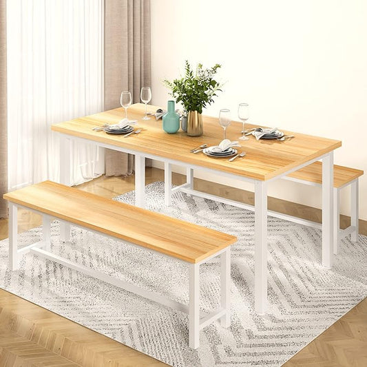 AWQM Dining Table Set with Two Benches, Kitchen Table Set for 4-6 Persons, Kitchen Table of 47.2 x 28.7 x 28.7 Inches, Bench of 41.3 x 11.8 x 17.7 Inches Each, Oak