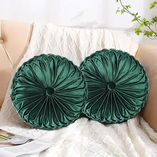 HIG Set of 2 Decorative Round Pleated Throw Pillows, Classy Accent Pumpkin Throw Pillows with Center Button, Vintage Velvet Floor Pillows for Sofa Vanity Chair Bed, Emerald, 14.5" Diameter(Ripple)