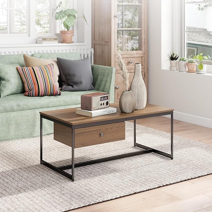 Manora Minimalist Coffee Table with Drawer, Modern Industrial Aesthetic Center Table for Living Room, Stylish Wood Modern Coffee Table with Storage, Walnut