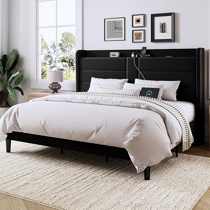 Allewie King Size Platform Bed Frame with Charging Station & Storage Headboard, Upholstered Velvet Wingback Design & USB Port, Strong Wooden Slats Support, No Box Spring Needed, Easy Assembly, Black